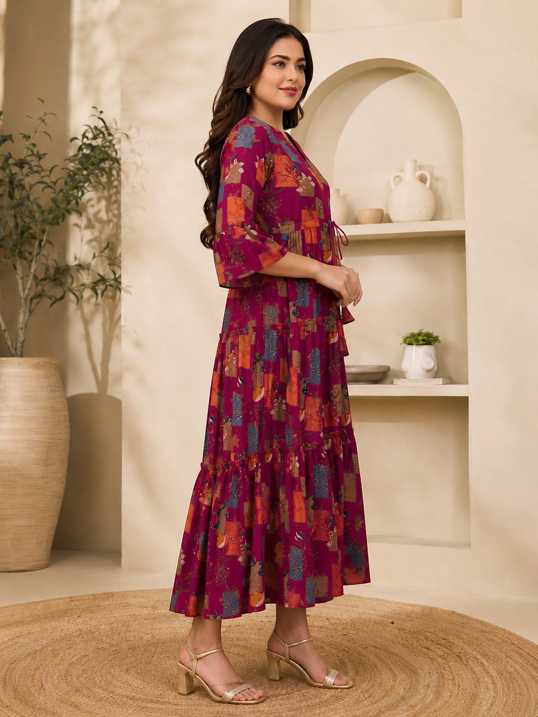 Magenta Color Chanderi Silk Abstract Printed Dress for Women | Claura