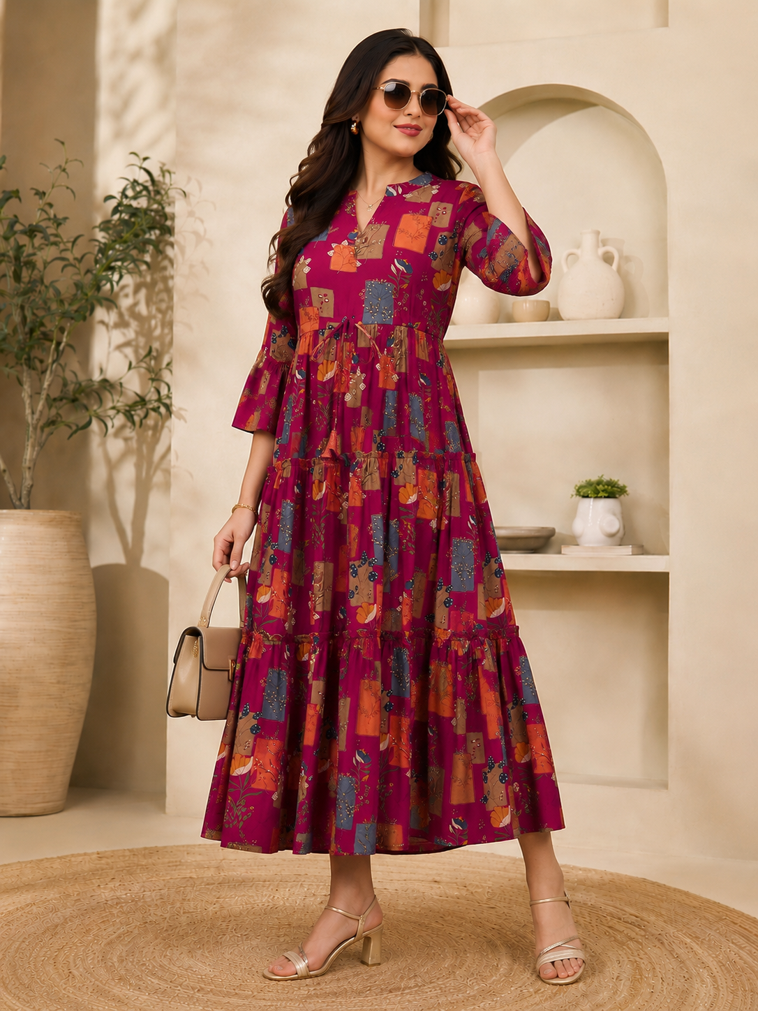 Magenta Color Chanderi Silk Abstract Printed Dress for Women | Claura