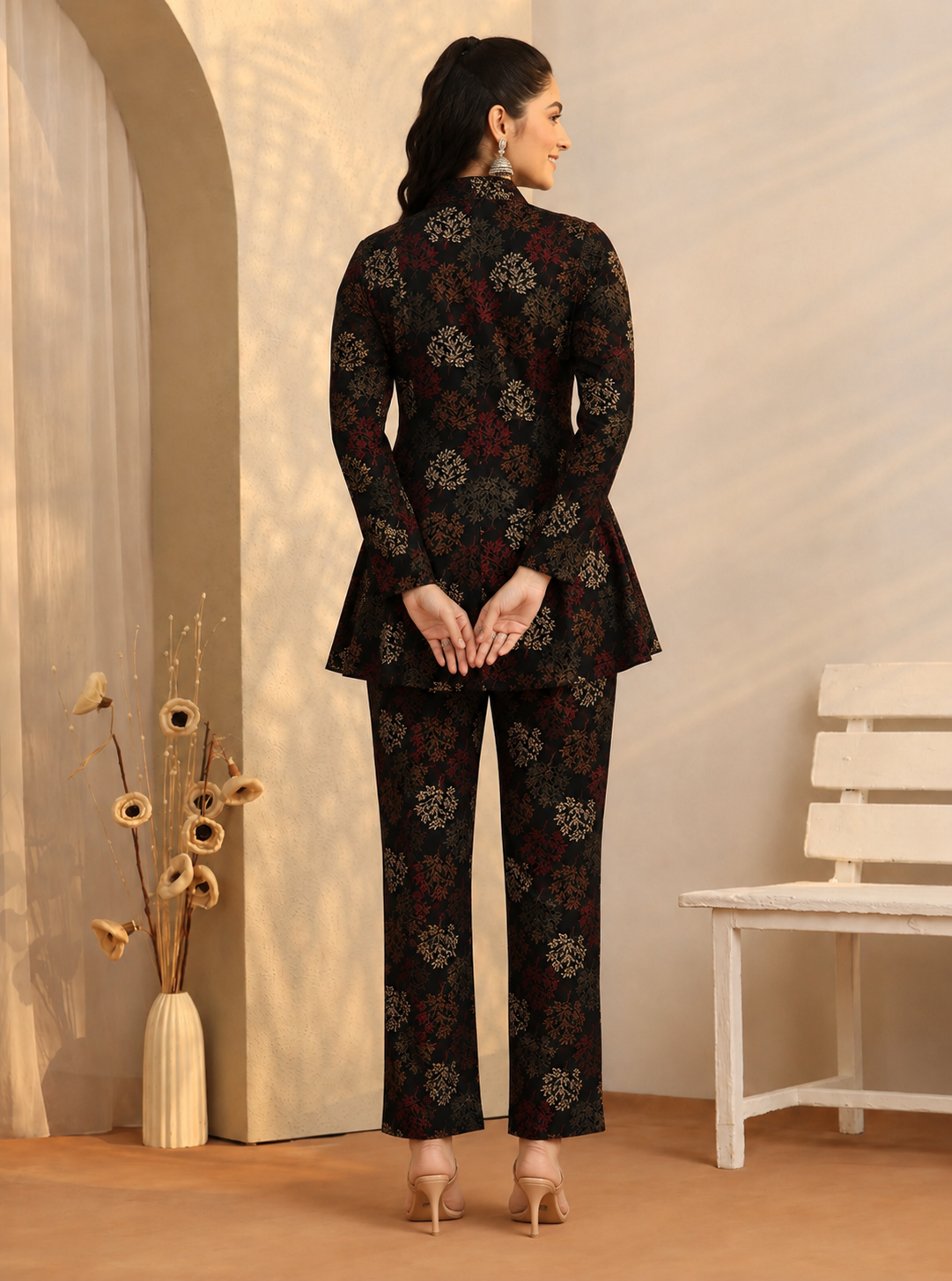 Back view of Black Abstract co-ord set for women, shirt and pants