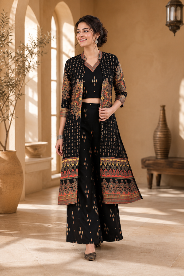 Black Ethnic Printed Viscose Rayon Co-Ord Set for Women