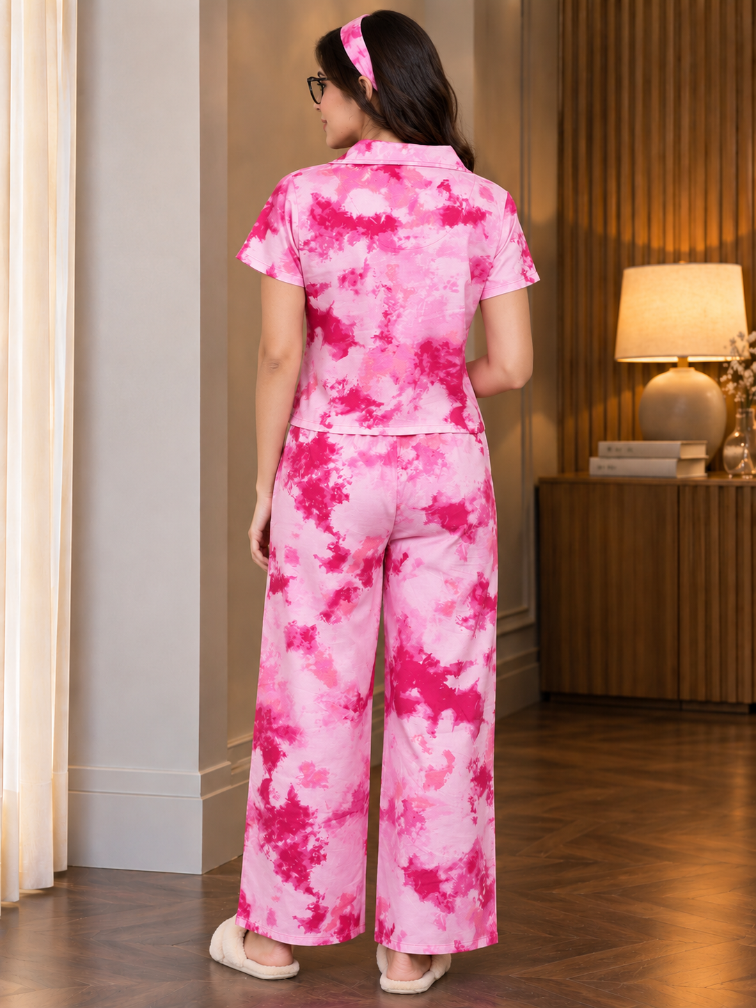 Pink Tie and Dye Viscose Rayon Crop Top Night Suit for Women | Claura