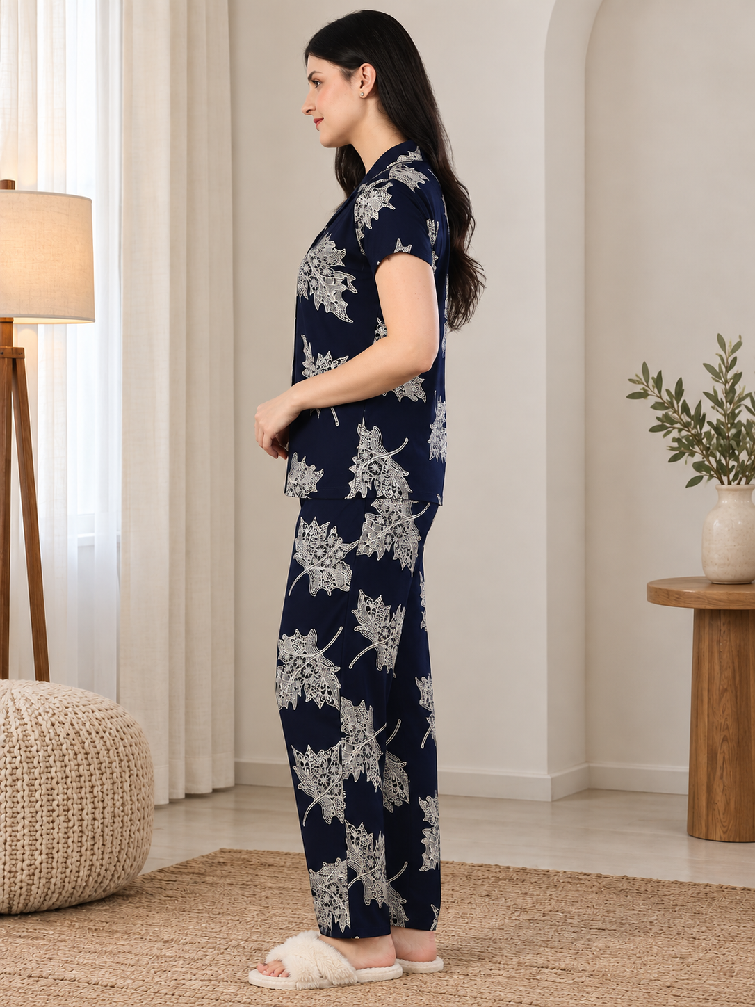 Navy Blue Abstract Viscose Rayon Night Suit for Women | Claura