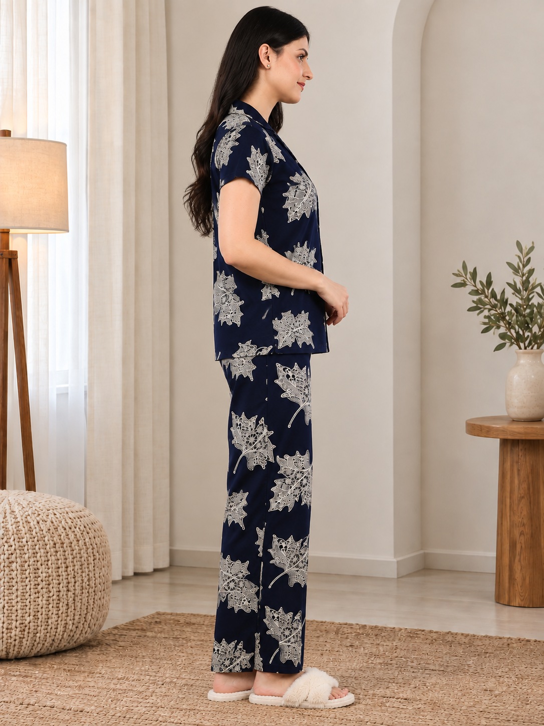 Navy Blue Abstract Viscose Rayon Night Suit for Women | Claura
