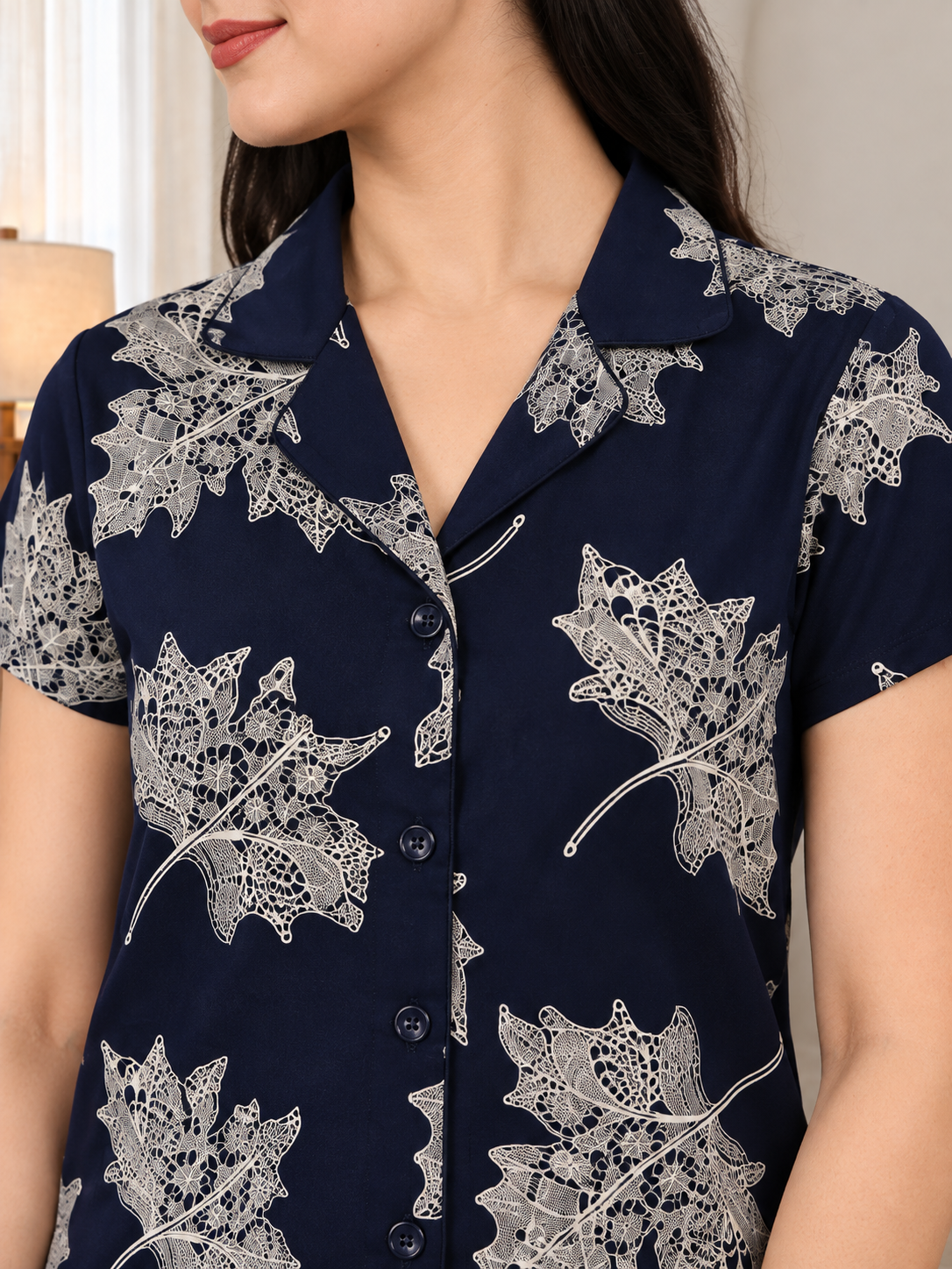 Navy Blue Abstract Viscose Rayon Night Suit for Women | Claura