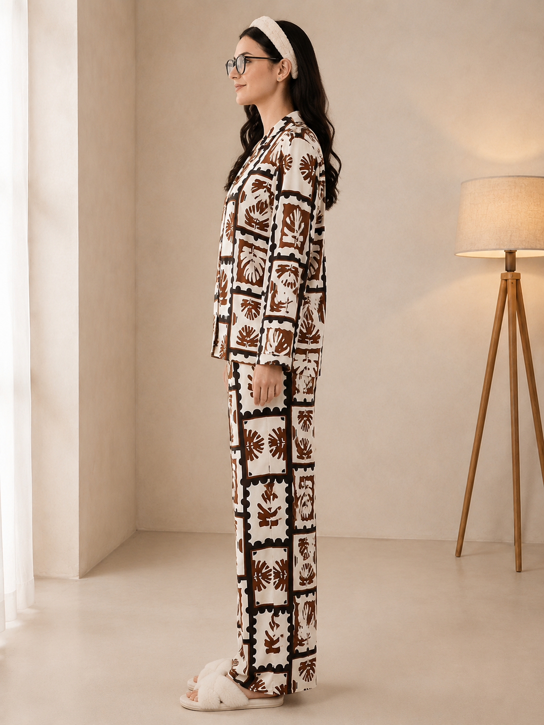 Brown Viscose Rayon Abstract Printed Night Suit for Women | Claura