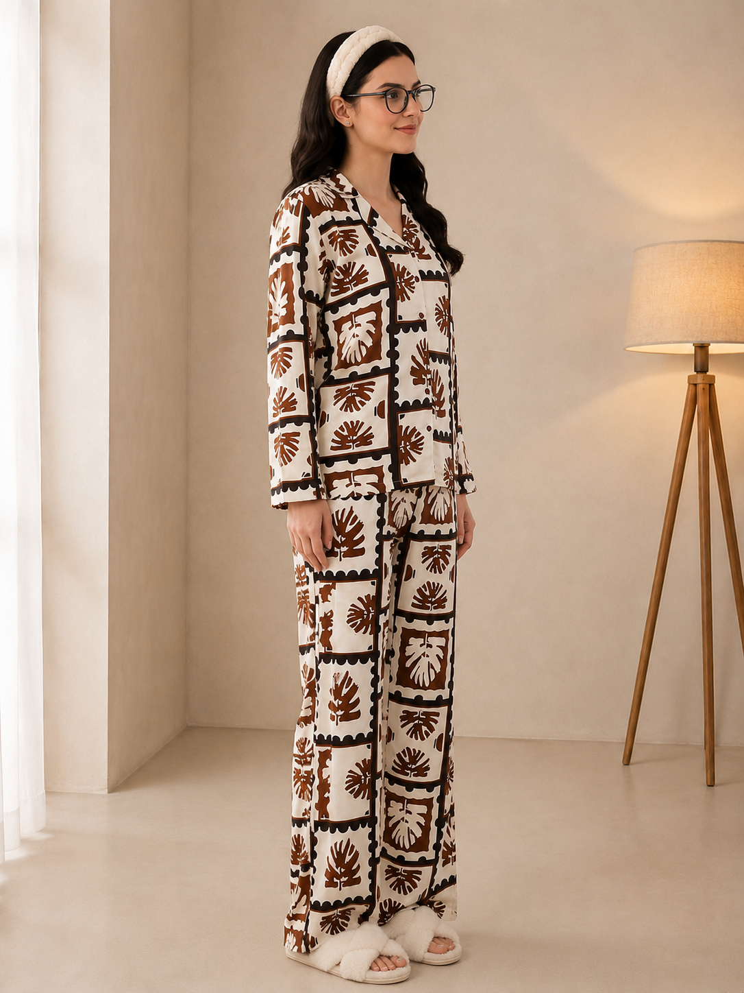 Brown Viscose Rayon Abstract Printed Night Suit for Women | Claura