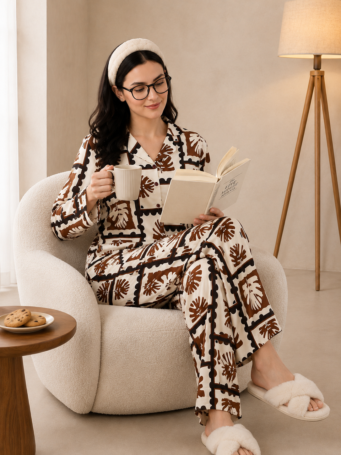 Brown Viscose Rayon Abstract Printed Night Suit for Women | Claura