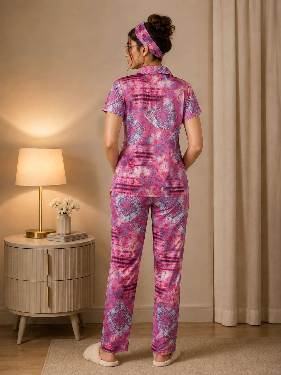Pink Color Viscose Rayon Abstract Printed Night Suit for Women | Claura