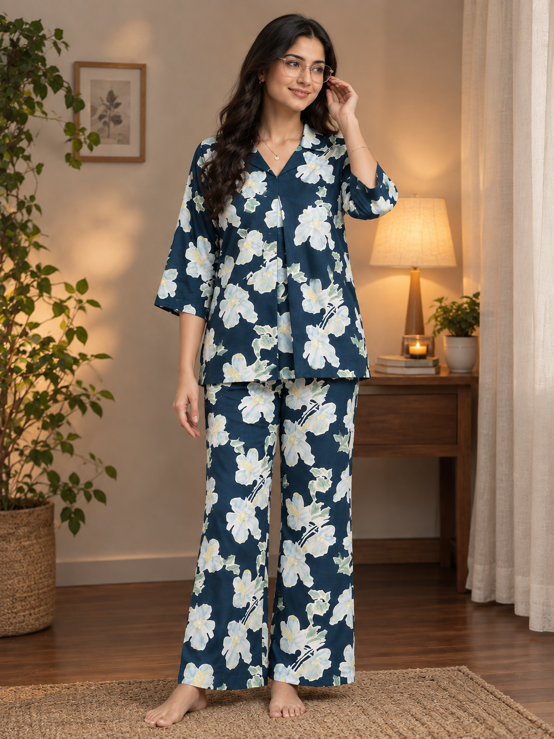 Blue Abstract Viscose Rayon Night Suit – V-Neck | Claura