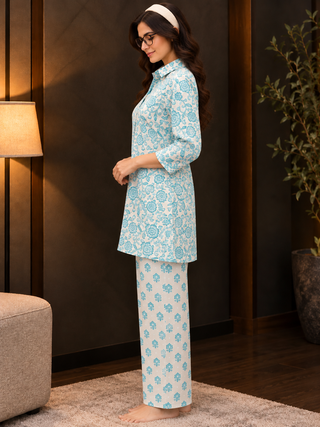 Blue Floral Printed Cotton Night Suit For Women | Claura