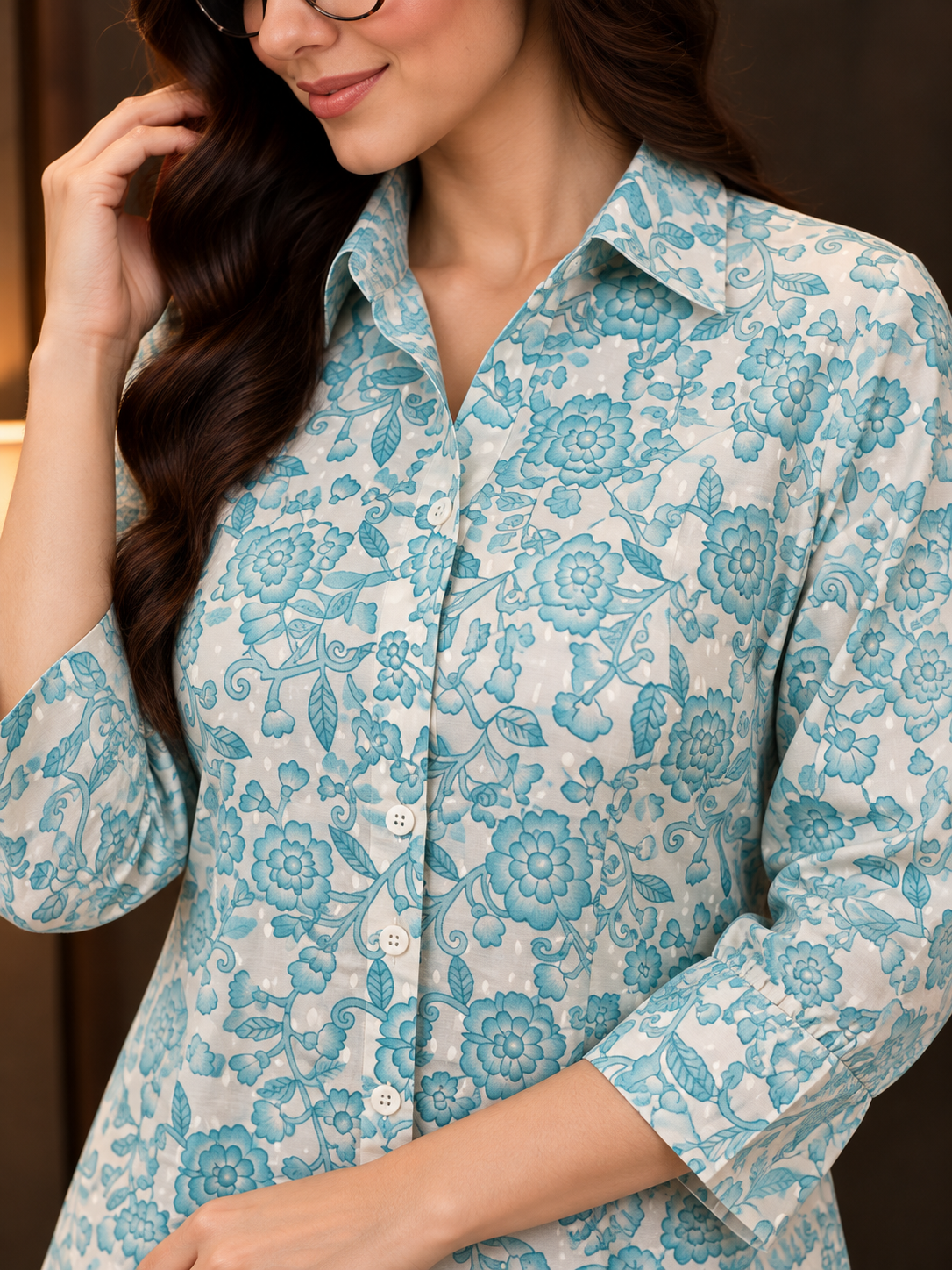 Blue Floral Printed Cotton Night Suit For Women | Claura