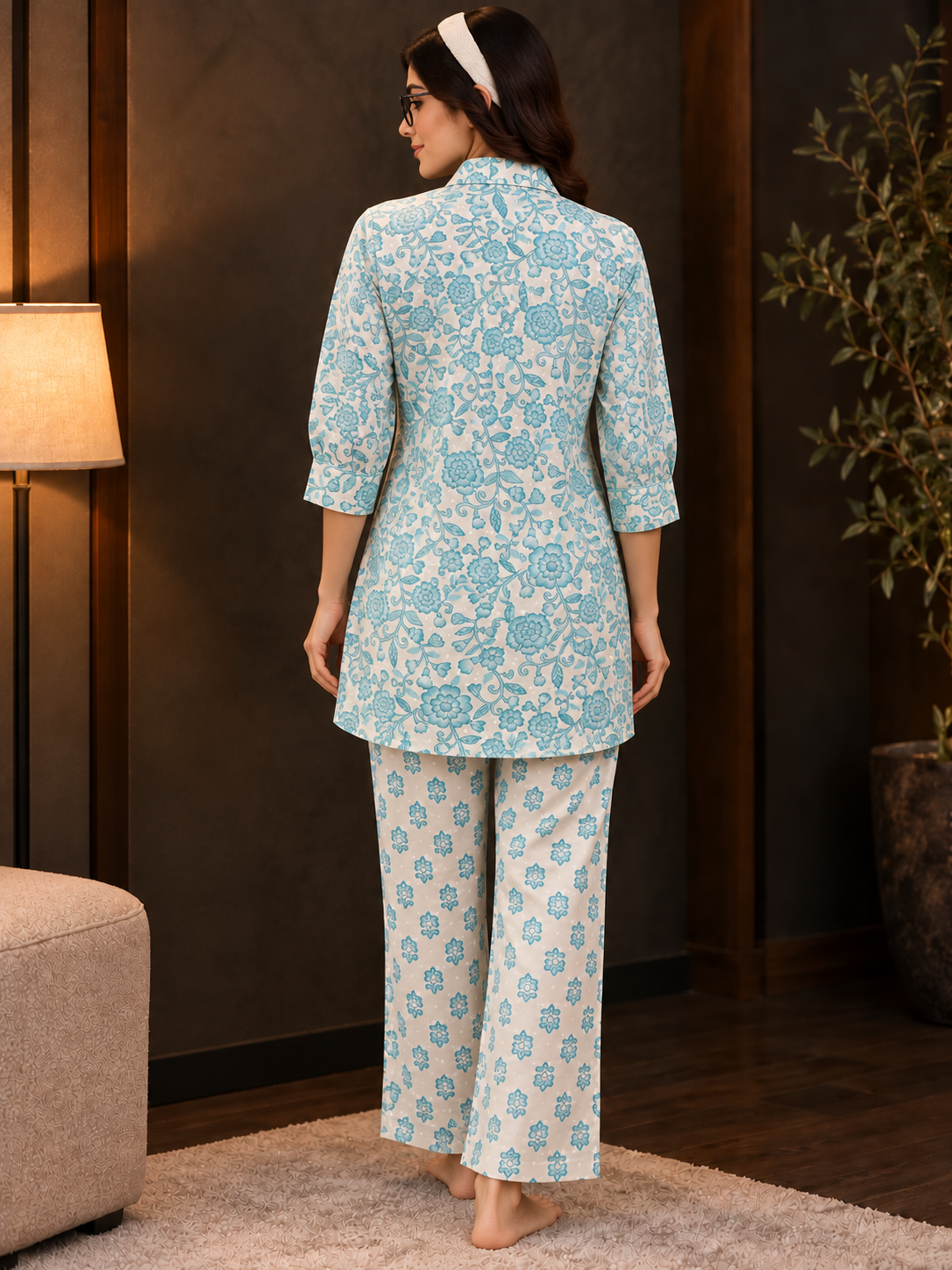 Blue Floral Printed Cotton Night Suit For Women | Claura