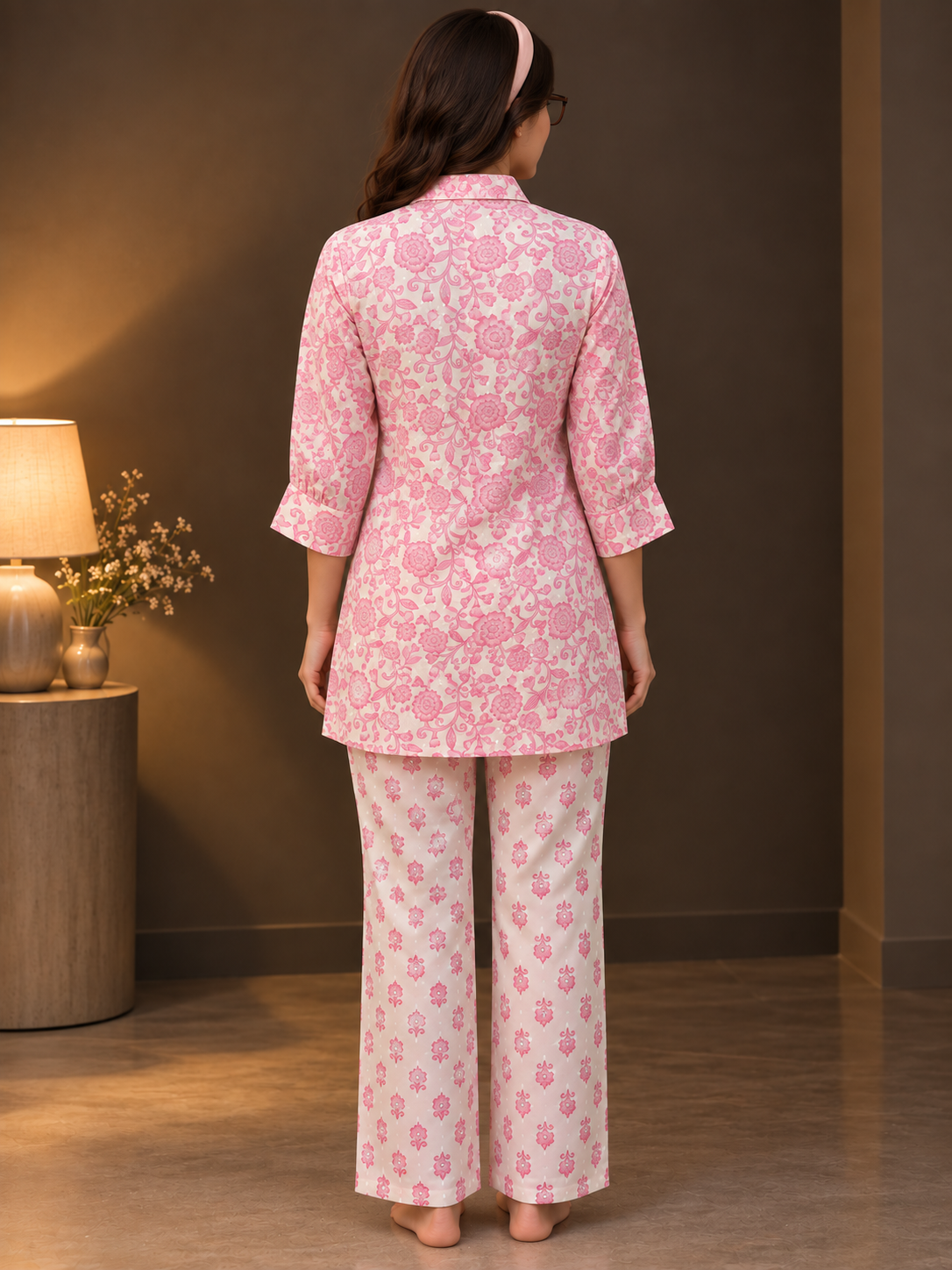 Pink Floral Printed Cotton Night Suit with Shirt & Pyjama | Claura