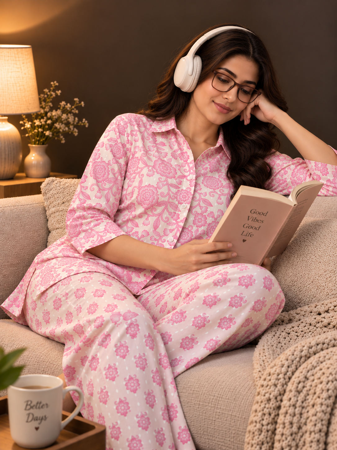Pink Floral Printed Cotton Night Suit with Shirt & Pyjama | Claura