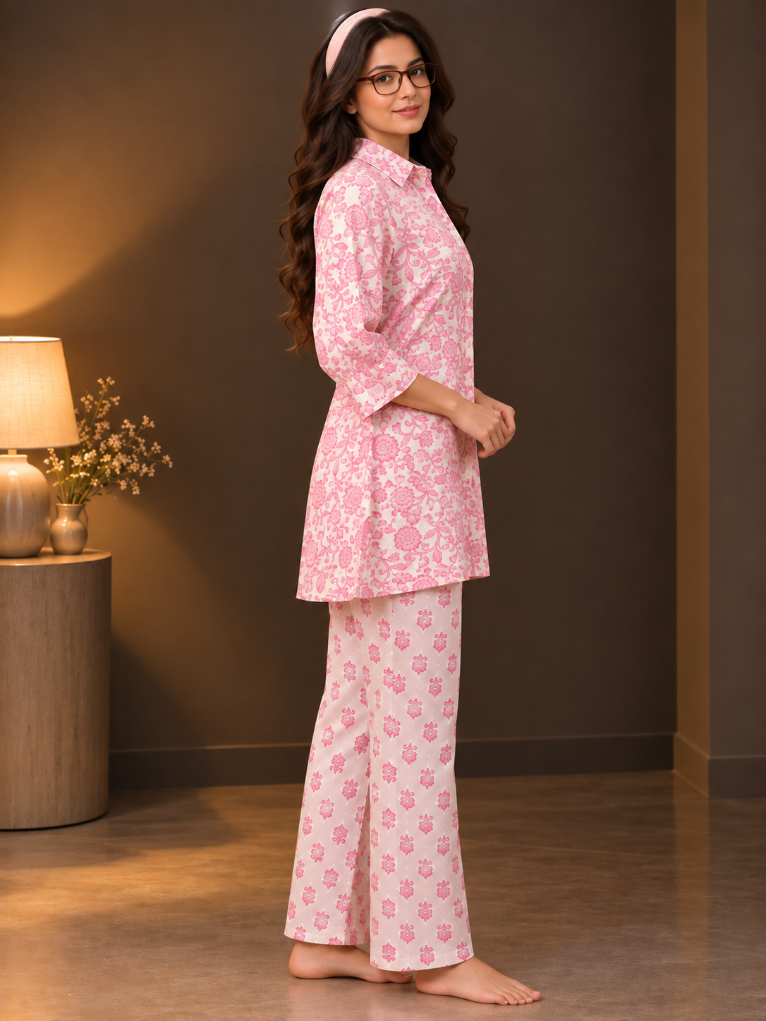 Pink Floral Printed Cotton Night Suit with Shirt & Pyjama | Claura
