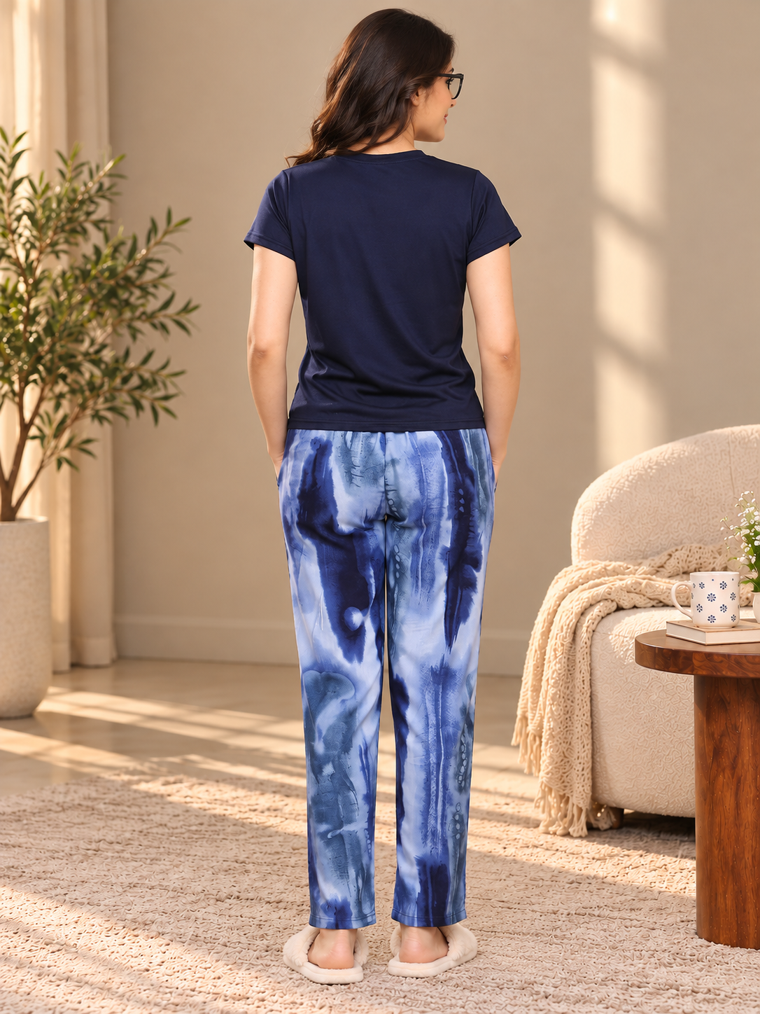 Blue Solid Cotton & Rayon Night Suit for Women | Claura
