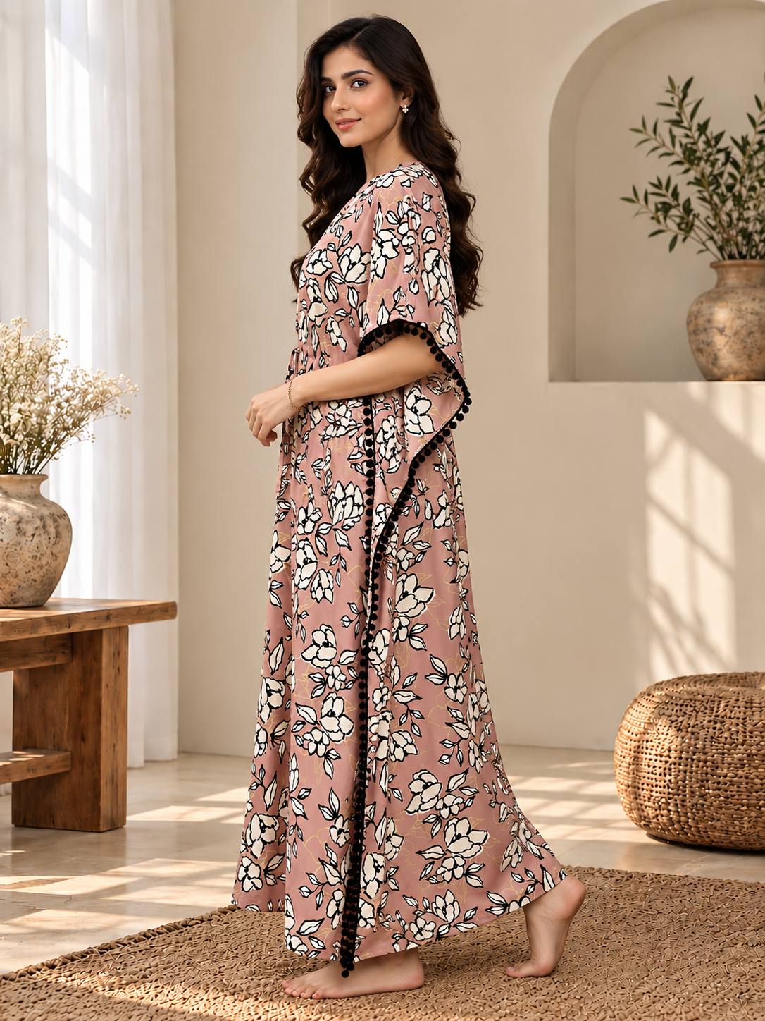 Pink Chanderi Silk Kaftan Dress for Women | Claura