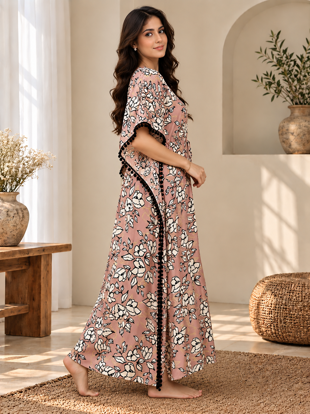 Pink Chanderi Silk Kaftan Dress for Women | Claura