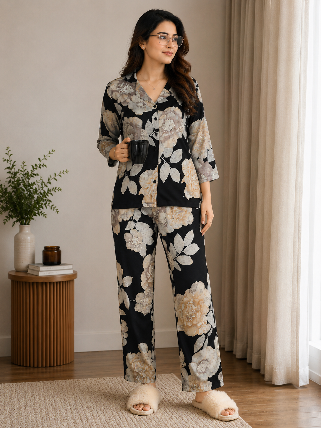 Black Floral Viscose Rayon Full Sleeve Night Suit for Women | Claura