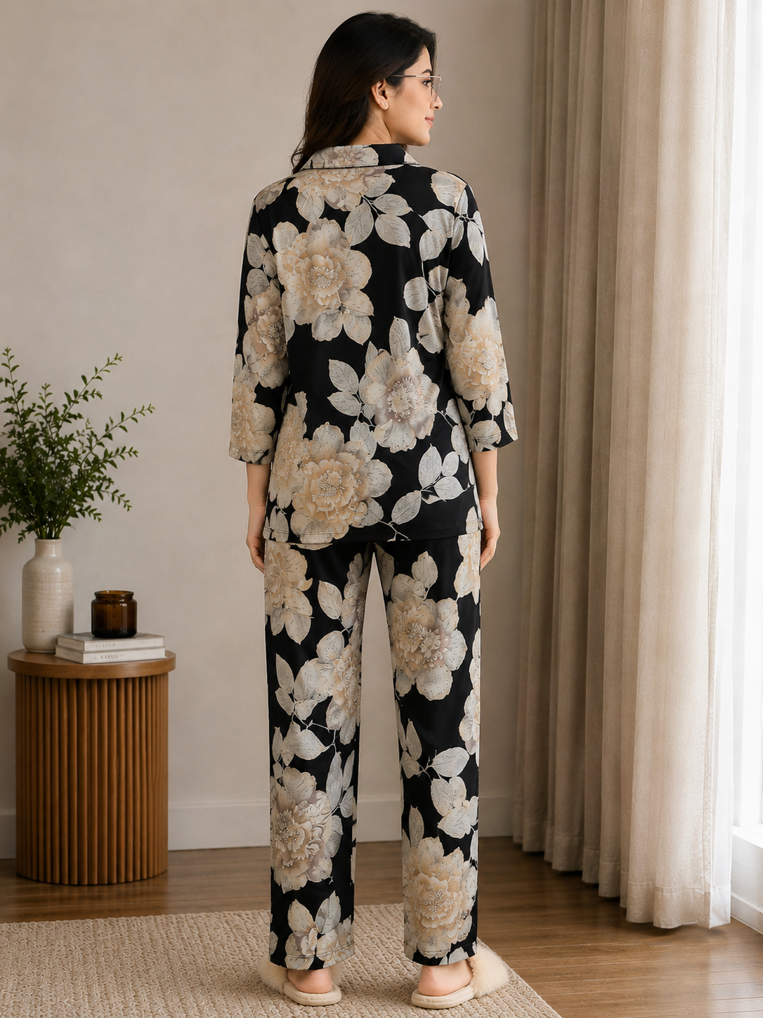 Black Floral Viscose Rayon Full Sleeve Night Suit for Women | Claura