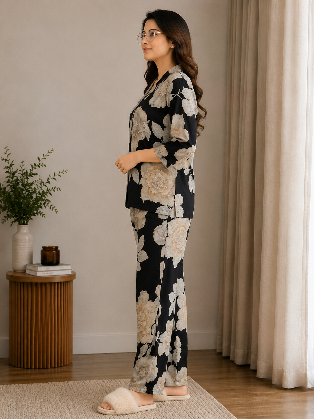 Black Floral Viscose Rayon Full Sleeve Night Suit for Women | Claura