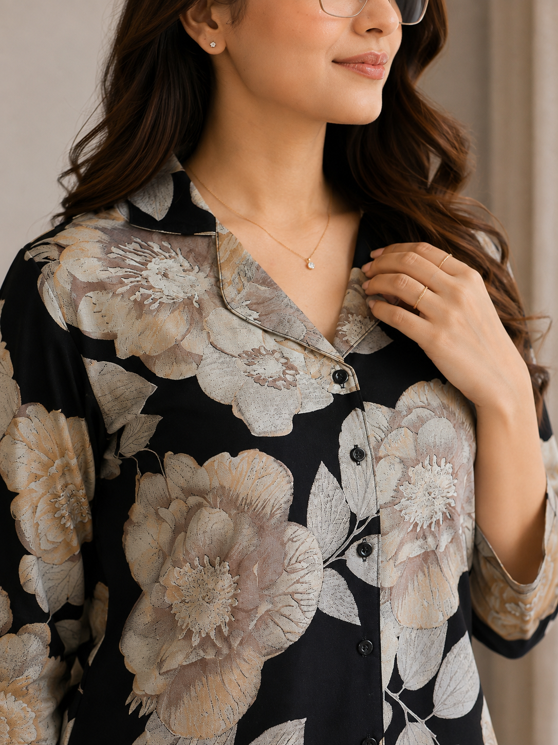 Black Floral Viscose Rayon Full Sleeve Night Suit for Women | Claura