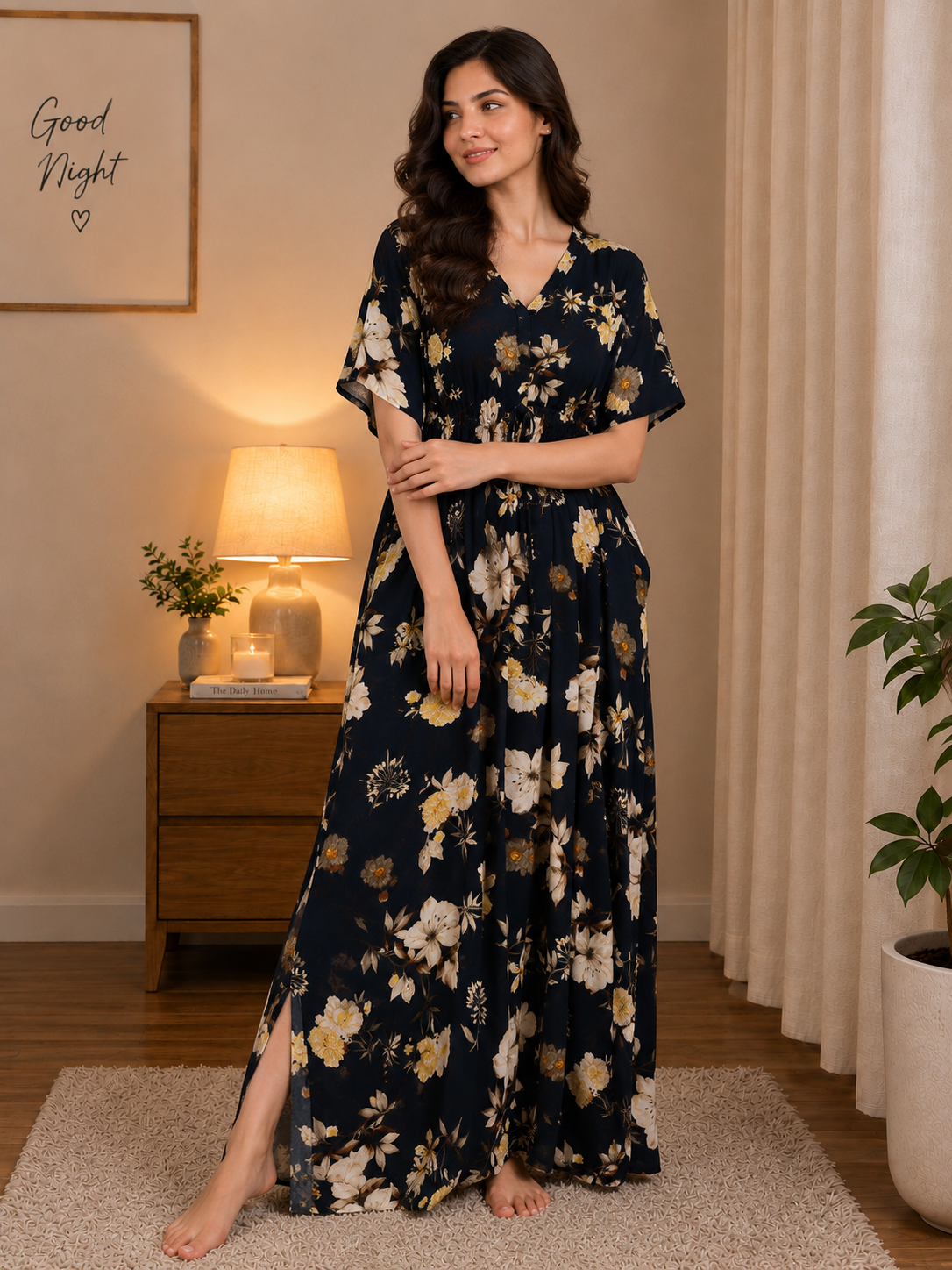 Navy Blue Floral Rayon Kaftan Night Dress | Claura