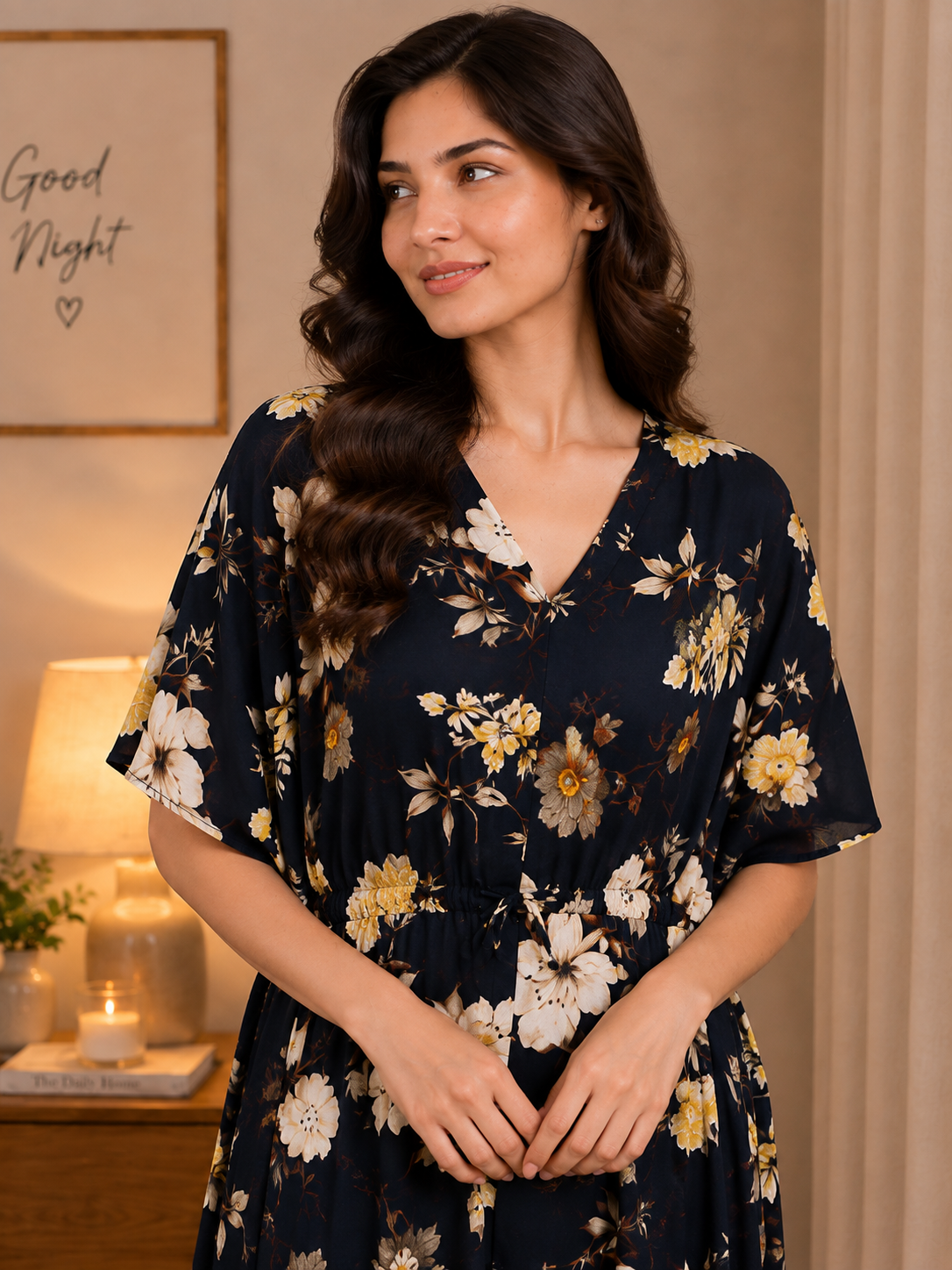 Navy Blue Floral Rayon Kaftan Night Dress | Claura