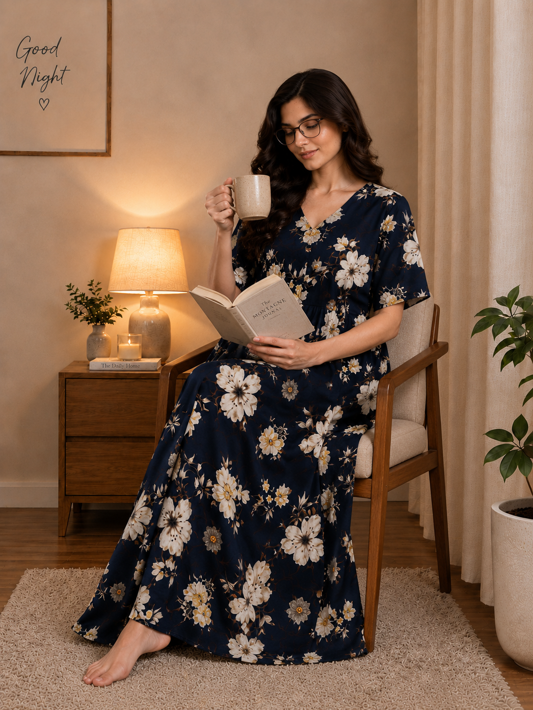 Navy Blue Floral Rayon Kaftan Night Dress | Claura