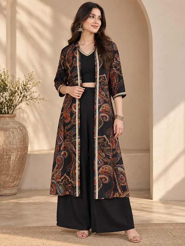 Black Ethnic Printed Chanderi Silk Co-Ord Set for Women