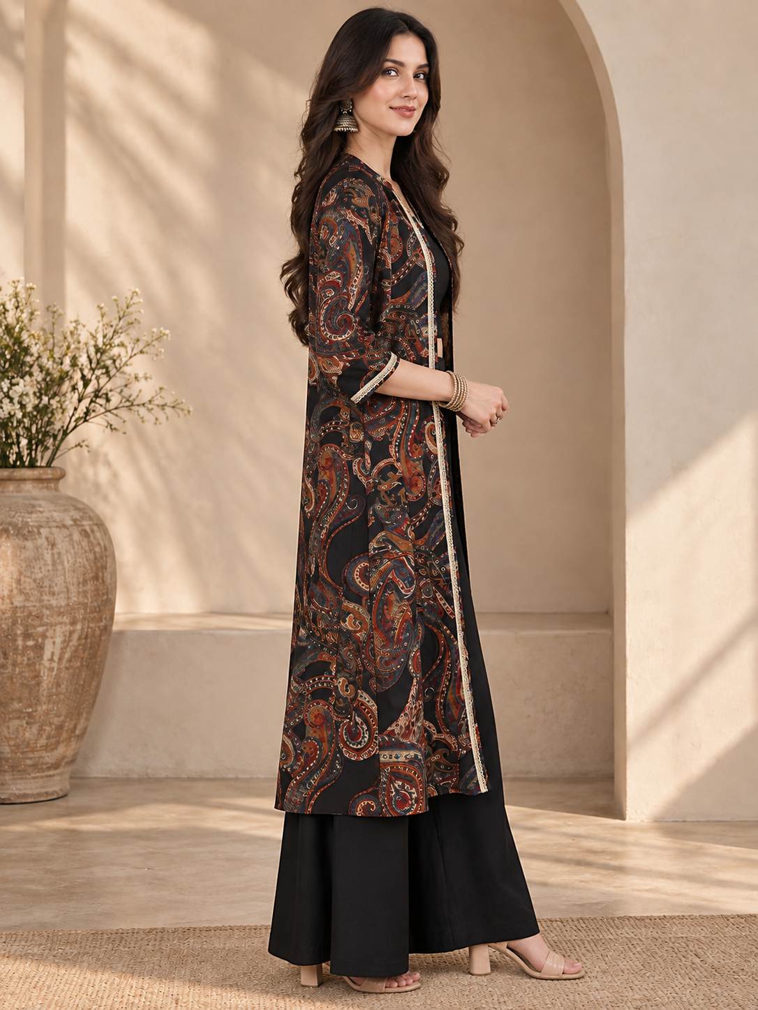 Black Ethnic Printed Chanderi Silk Co-Ord Set for Women