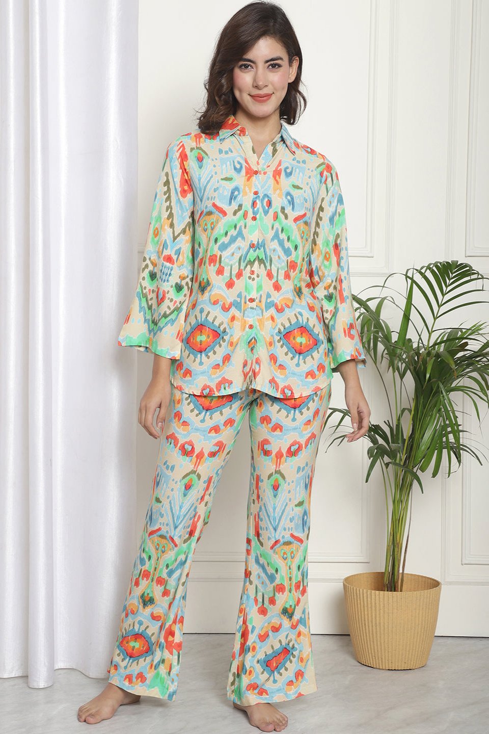  Beige Abstract Printed Viscose Rayon Night Suit for Women by Claura