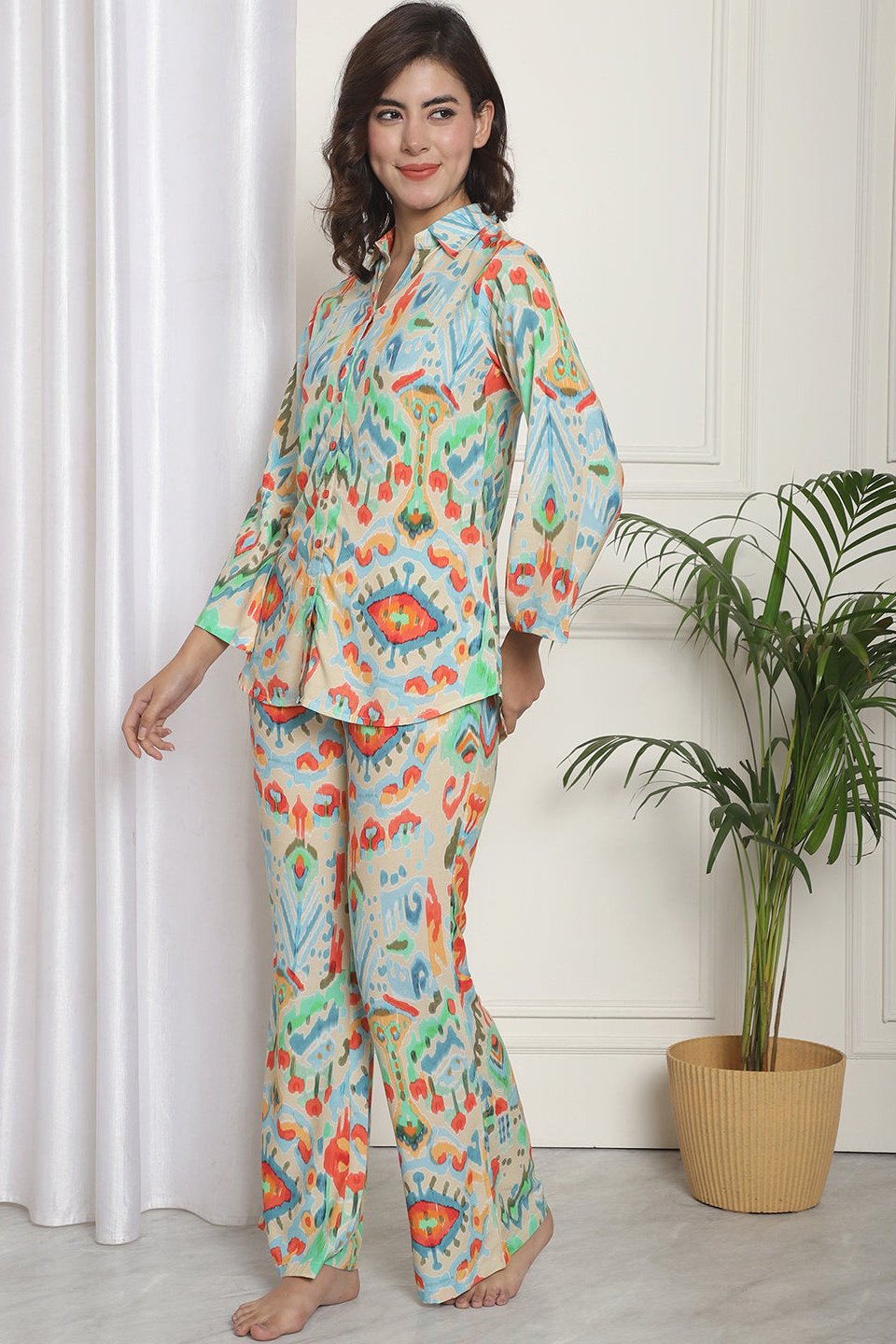  Beige Abstract Printed Viscose Rayon Night Suit for Women by Claura