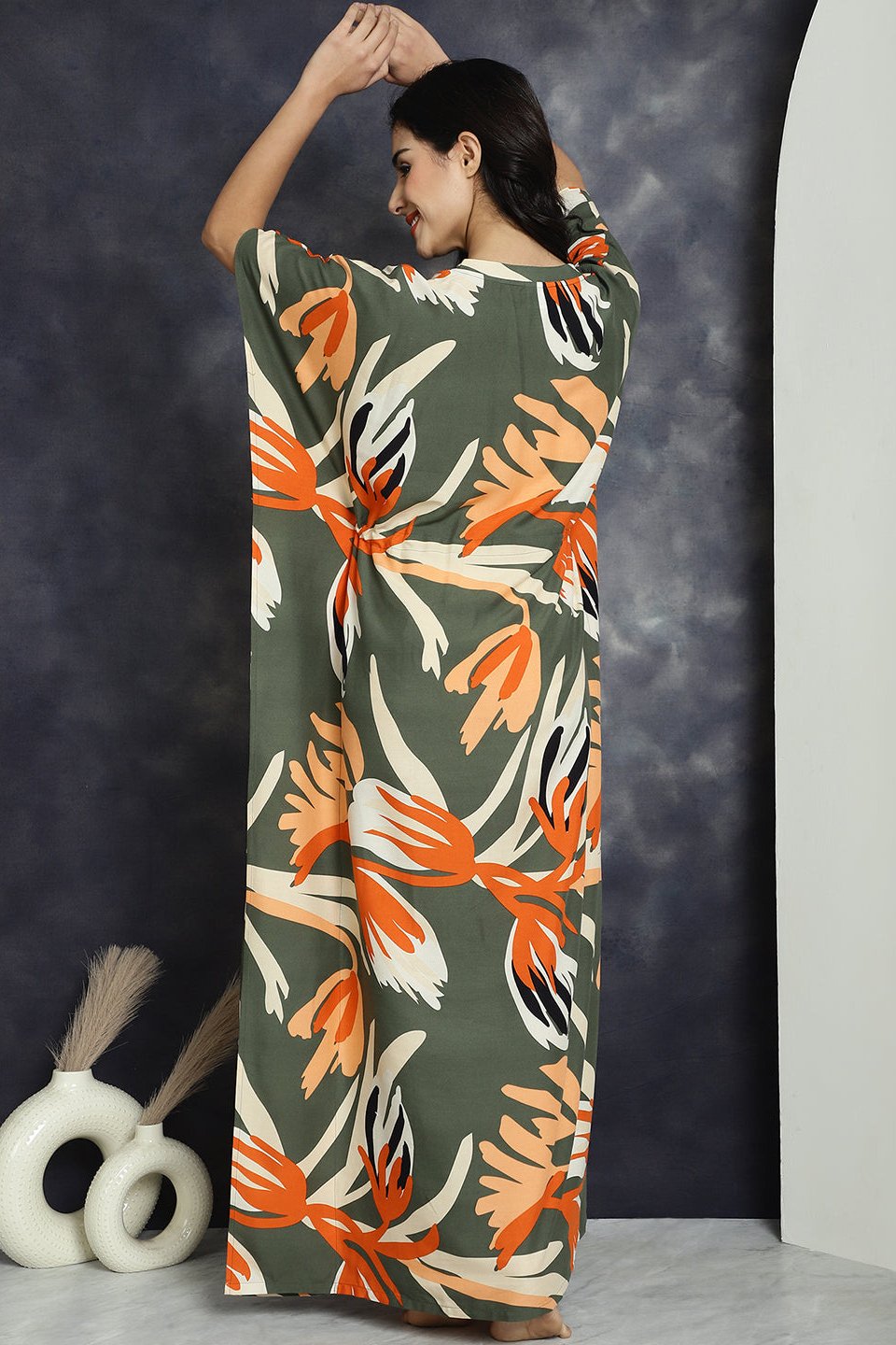Green Floral Printed Viscose Rayon Nightdress Maxi Kaftan For Women