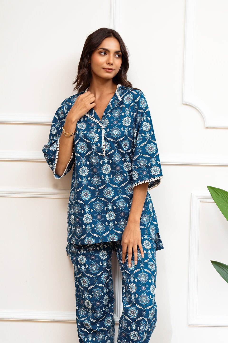 Close-up of Cotton fabric and Floral Print on Blue Co-Ord Set