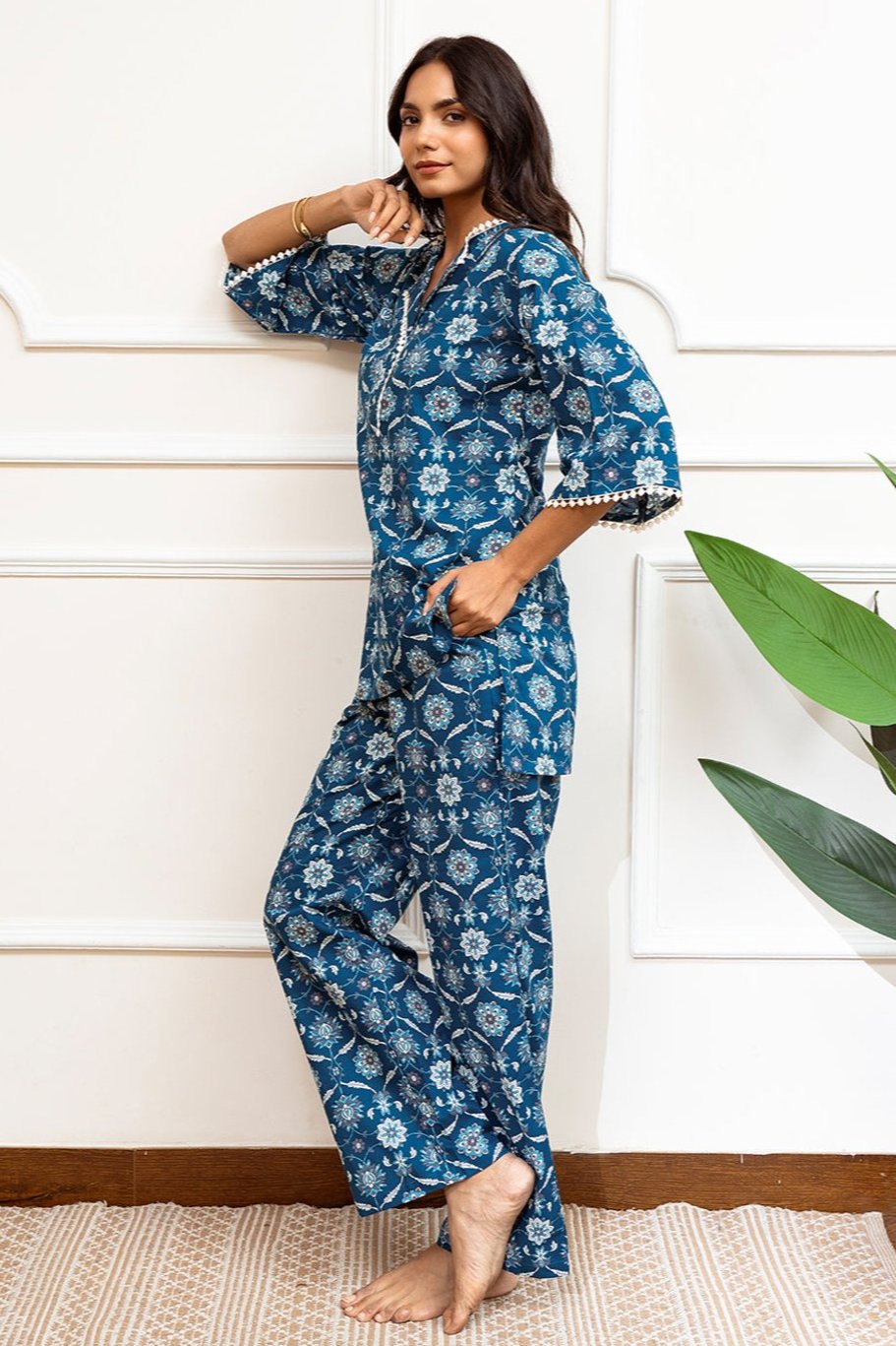 Blue Co-Ord Set with Straight Pants & Button-Down Top