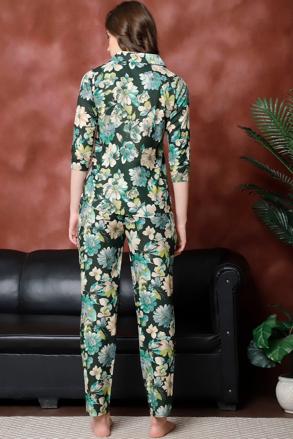 Green Floral Printed Pure Cotton Night Suit for Women by Claura

