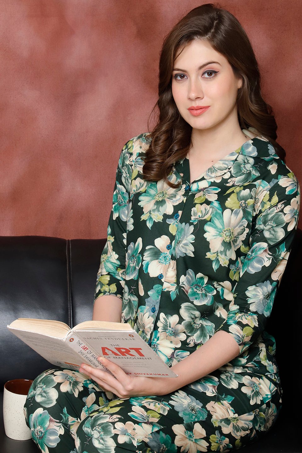 Green Floral Printed Pure Cotton Night Suit for Women by Claura

