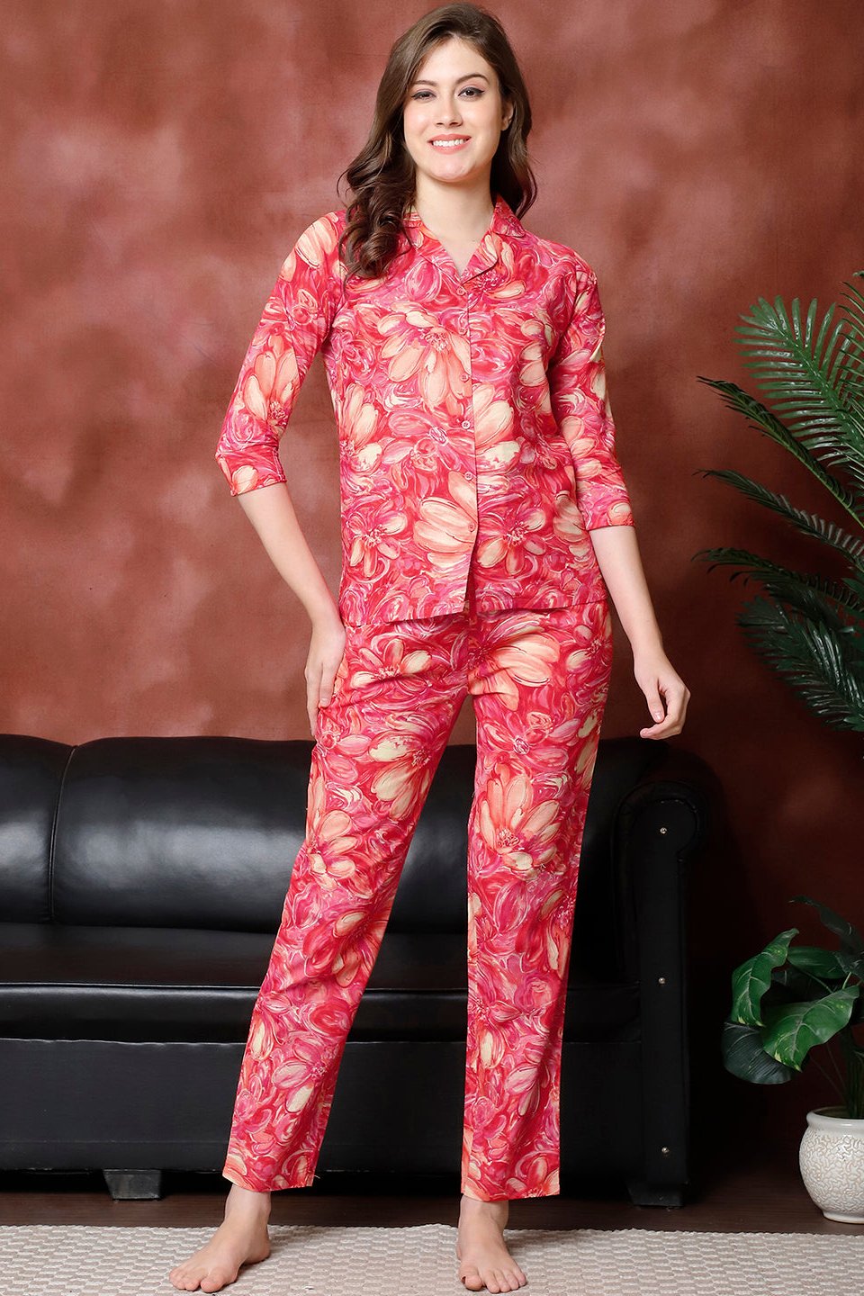 Red Floral Printed Pure Cotton Night Suit for Women by Claura

