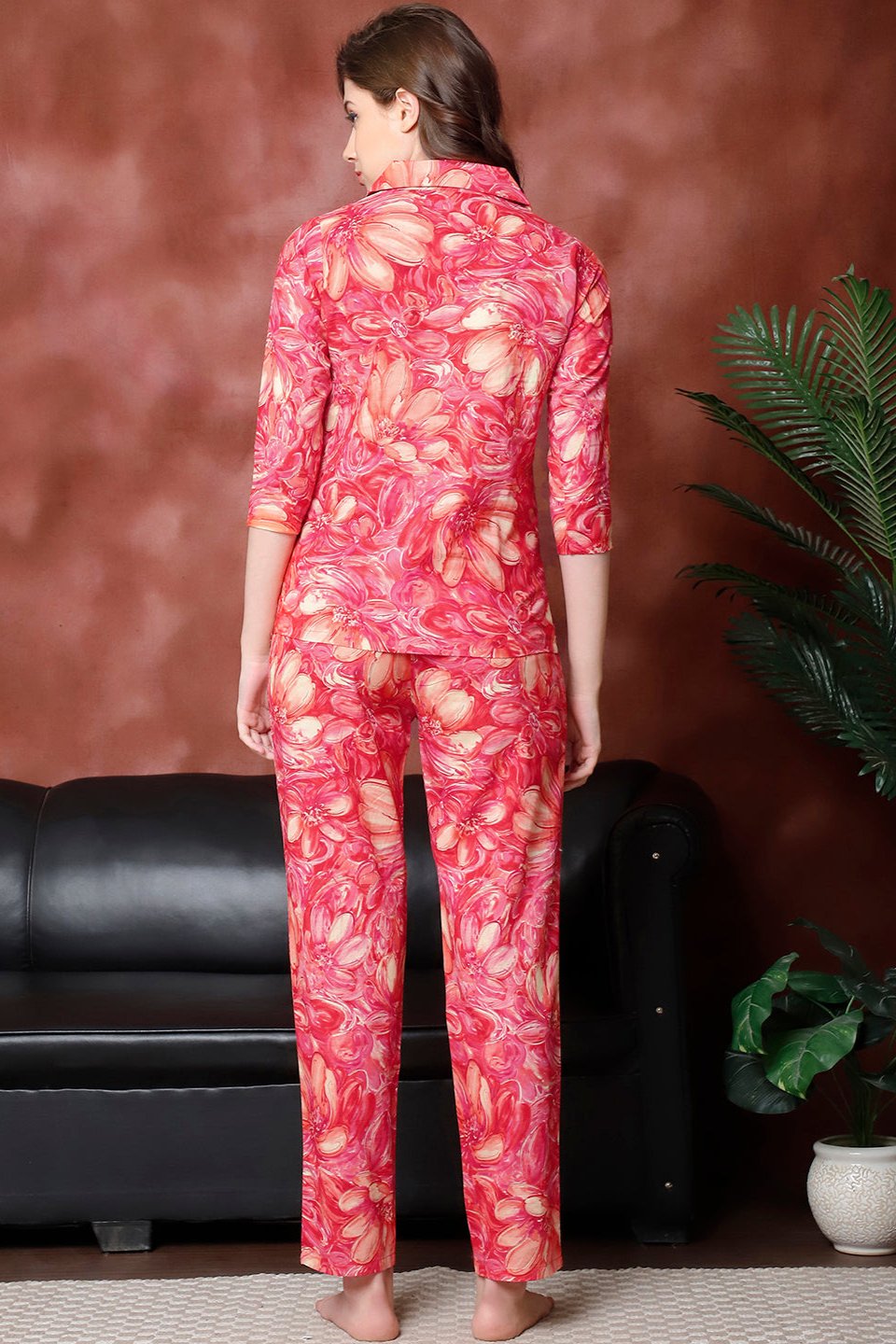 Red Floral Printed Pure Cotton Night Suit for Women by Claura

