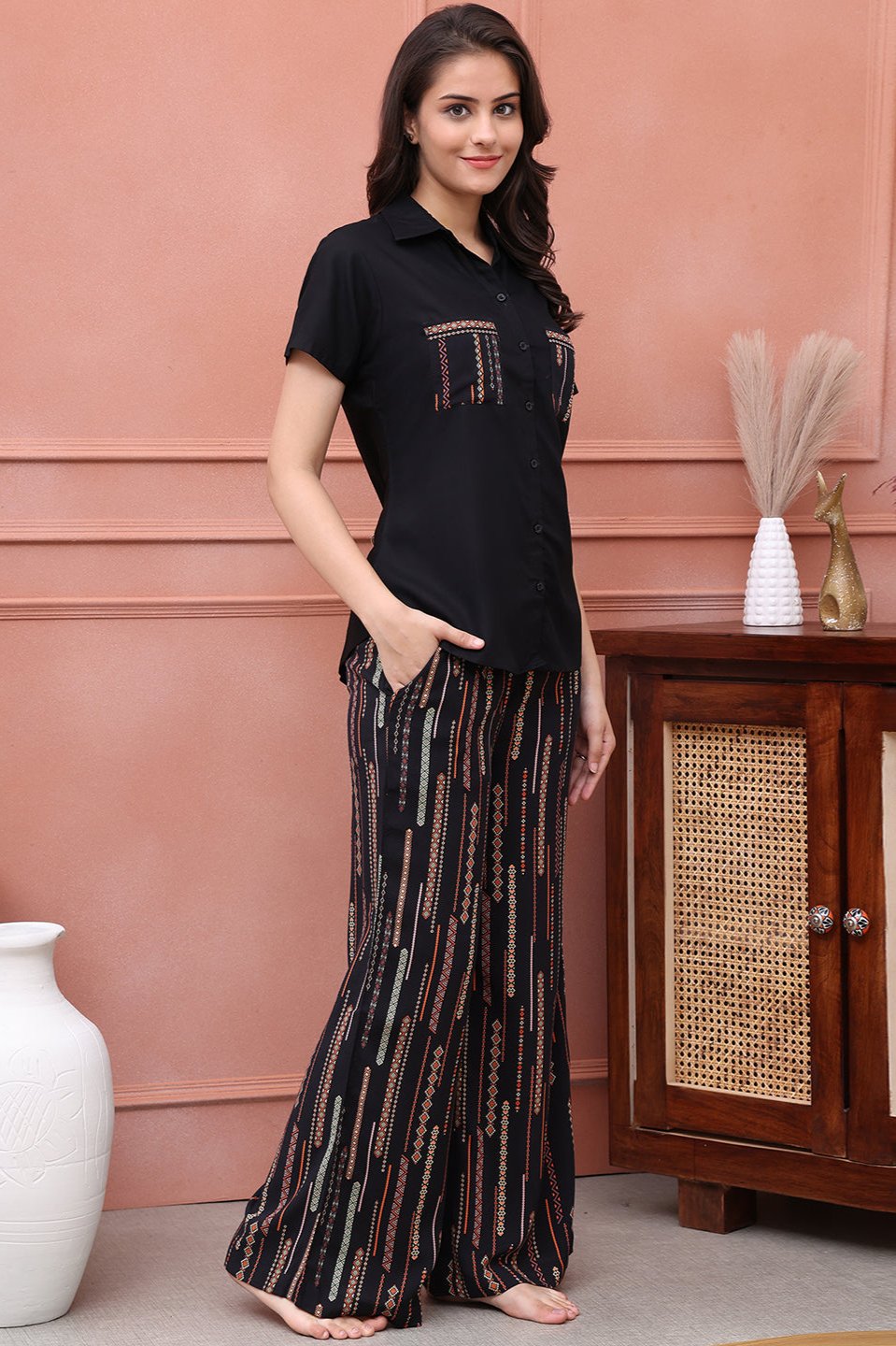 Black Abstract Printed Viscose Rayon Night Suit for Women by Claura