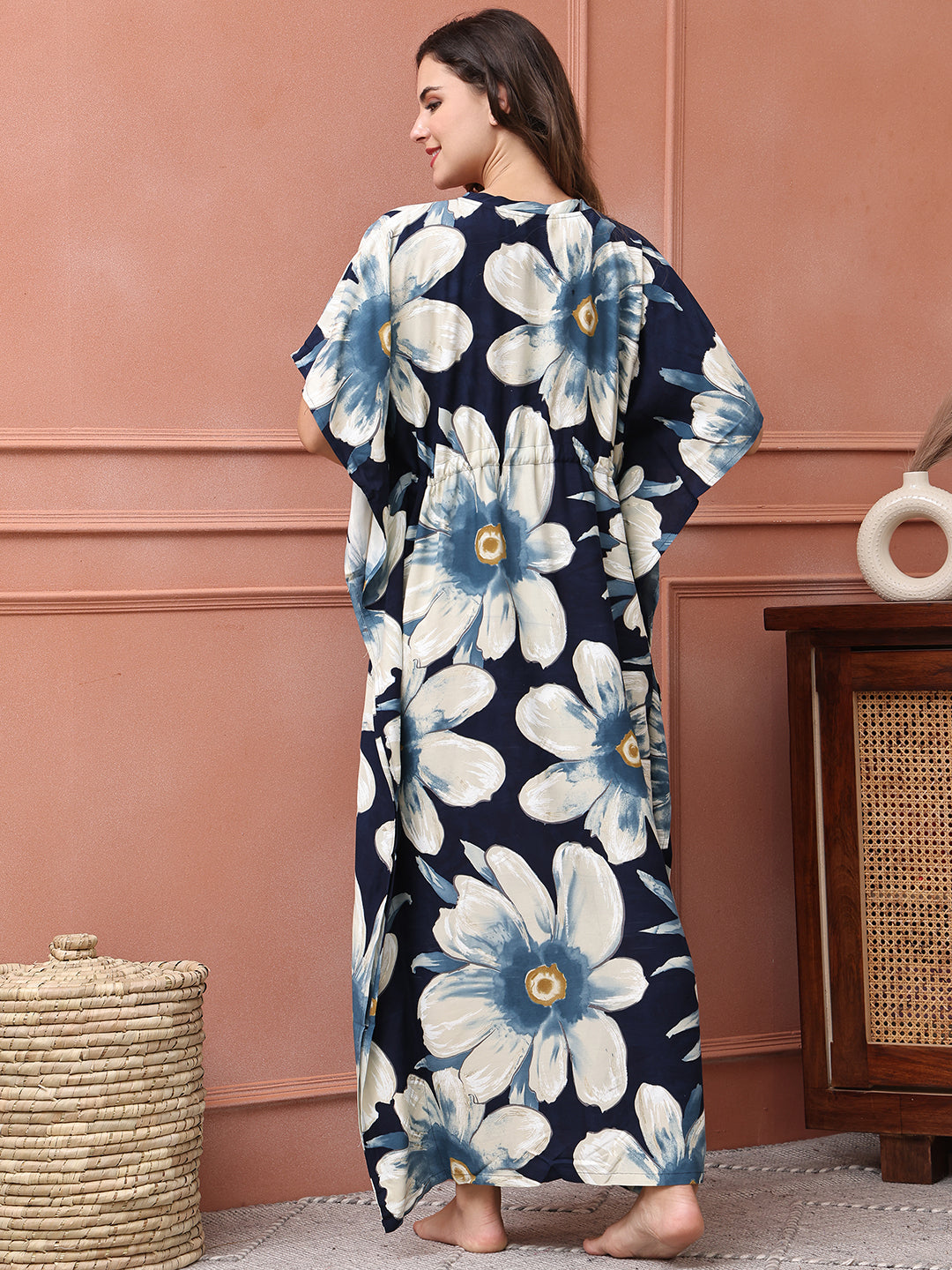 Navy Colour Floral Printed Viscose Rayon Kaftan For Women