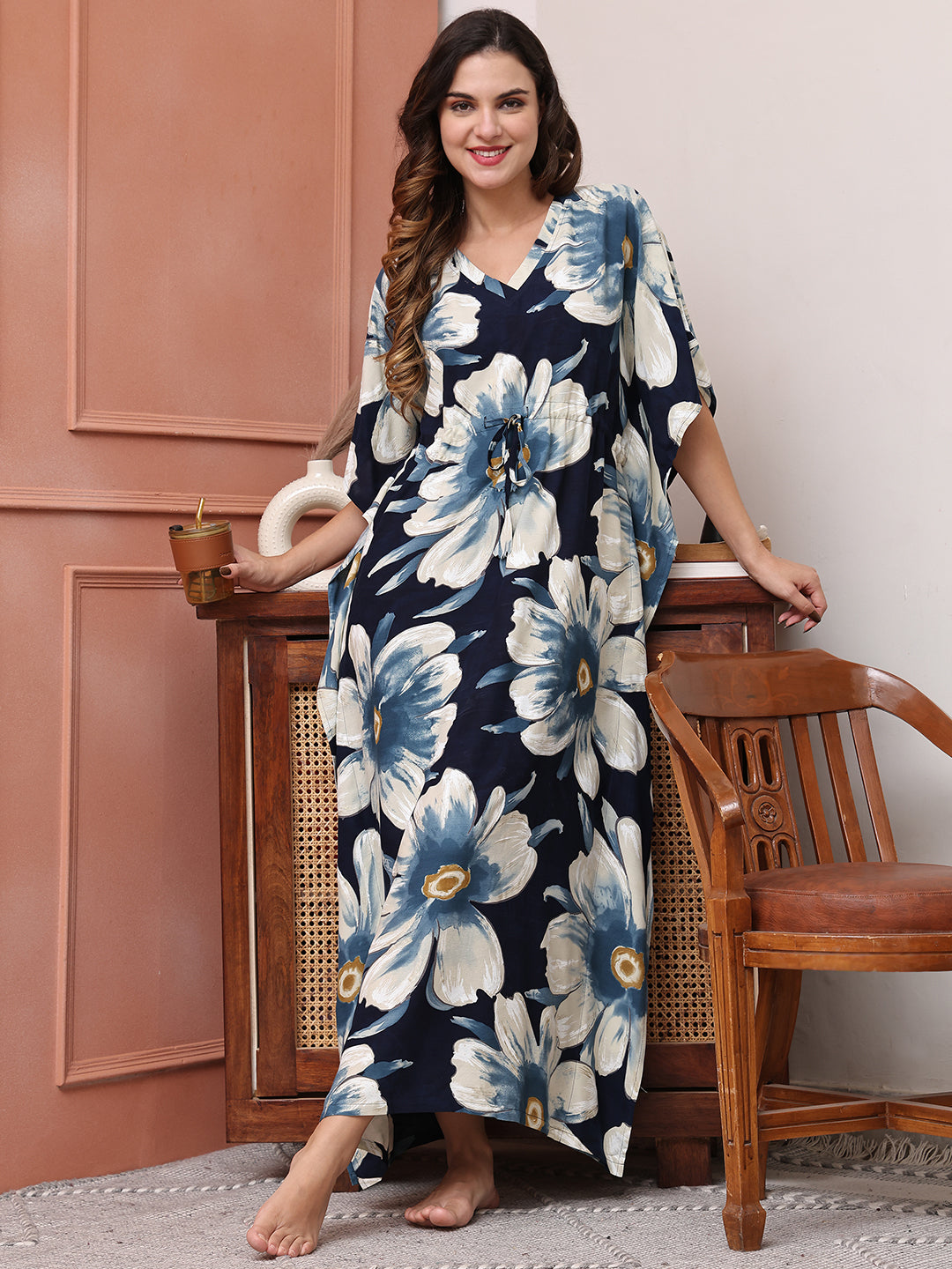 Navy Colour Floral Printed Viscose Rayon Kaftan For Women