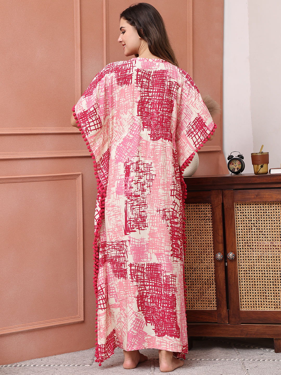 Pink Colour Abstarct Printed Viscose Rayon Kaftan For Women