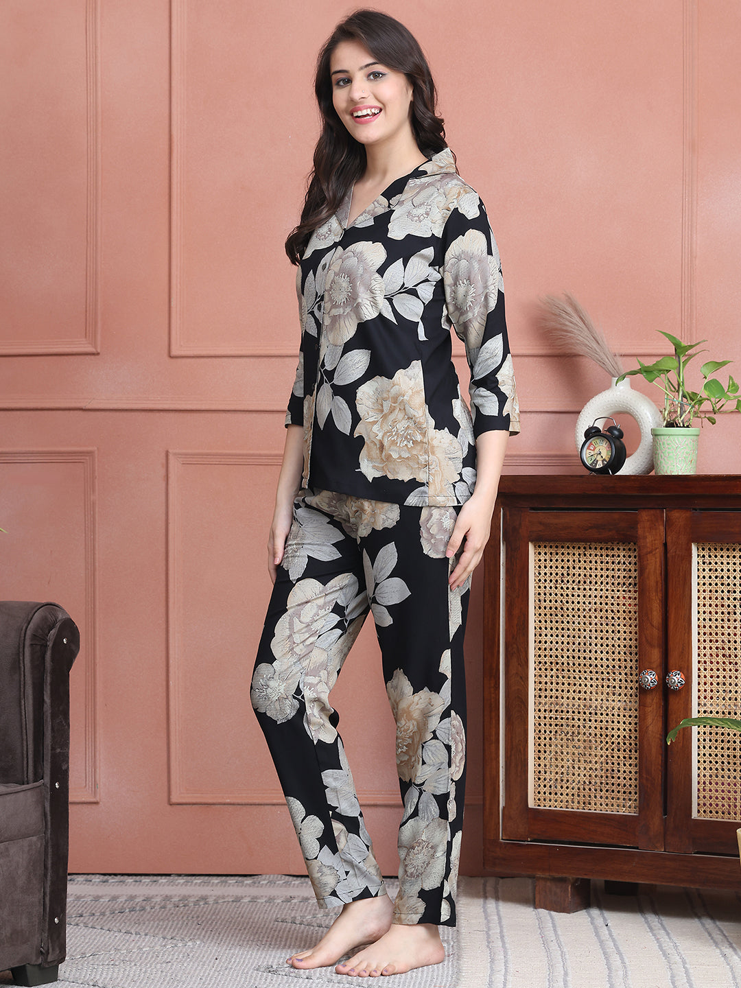 Black Colour Floral Printed Viscose Rayon Night Suit
