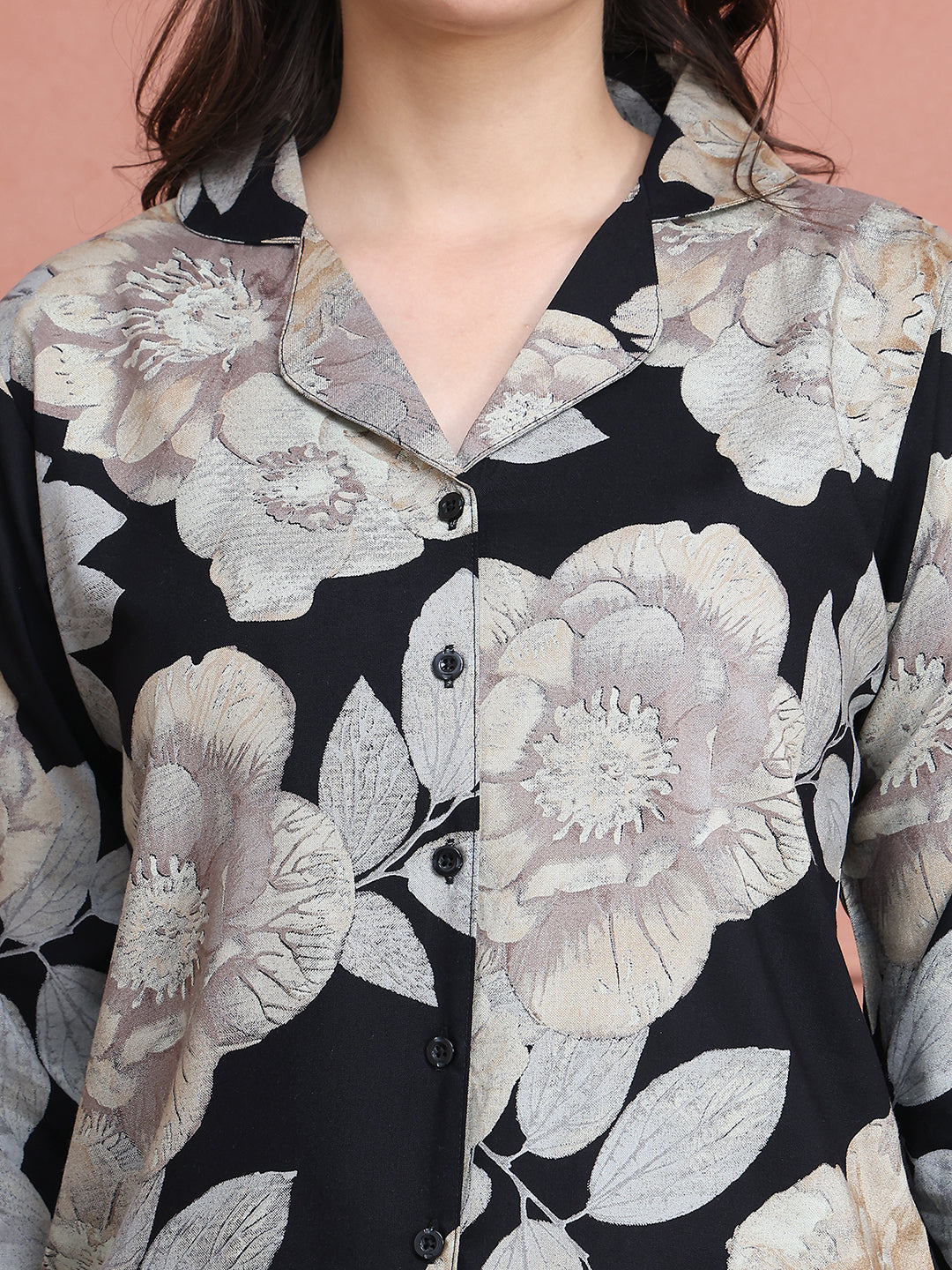 Black Colour Floral Printed Viscose Rayon Night Suit