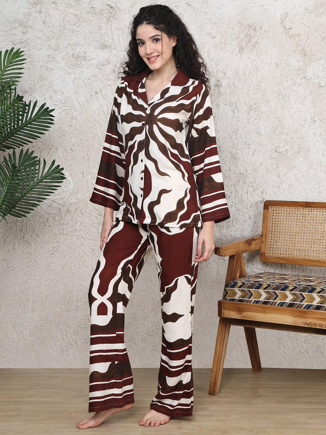 Brown rayon night suit with notched collar and full sleeves