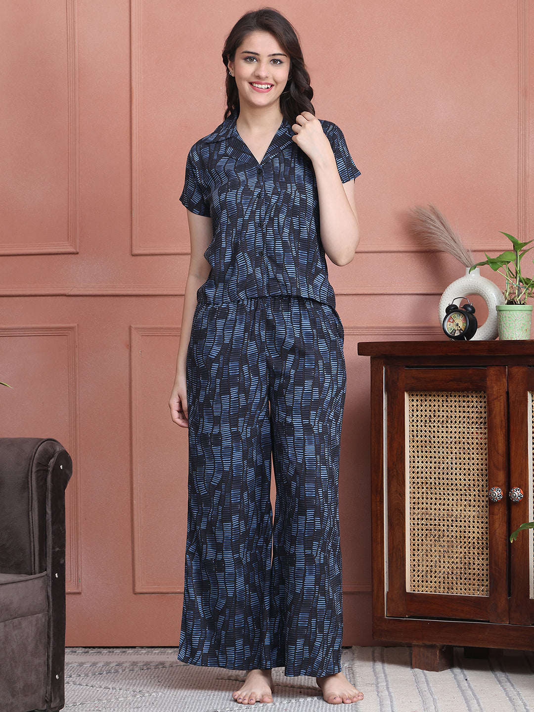 Blue Colour Striped Printed Viscose Rayon Night Suit