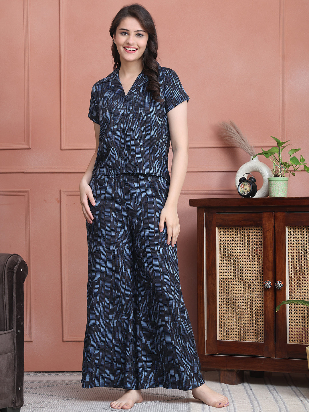 Blue Colour Striped Printed Viscose Rayon Night Suit