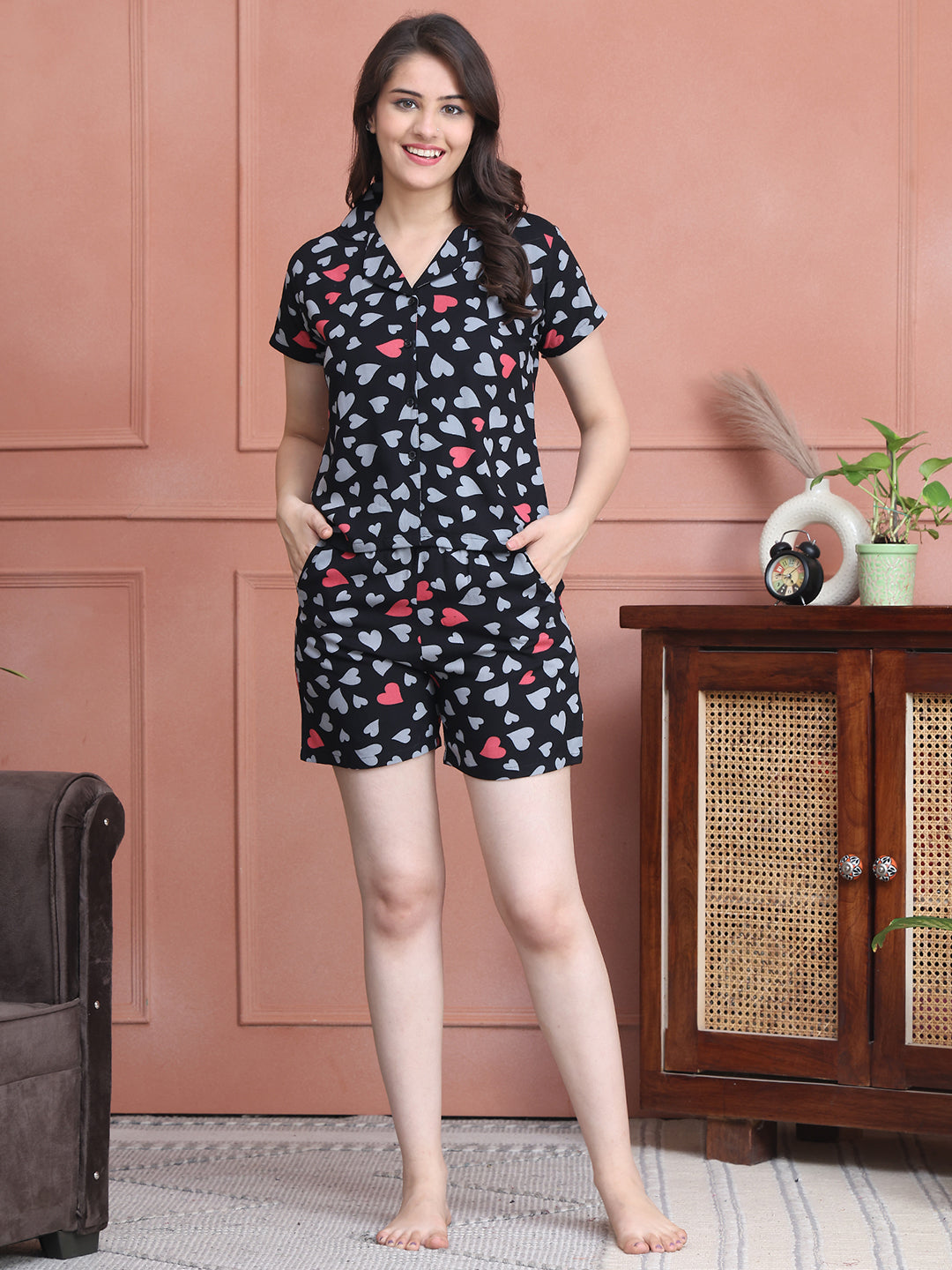 Black Colour Abstract Printed Viscose Rayon Night Suit